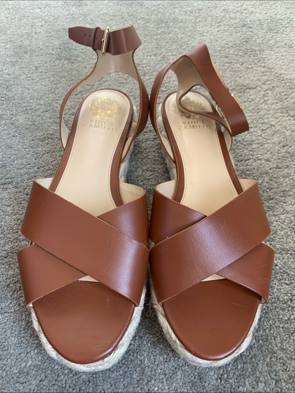 Vince Camuto Cognac Leather Crisscross Espadrille Wedge Sandals